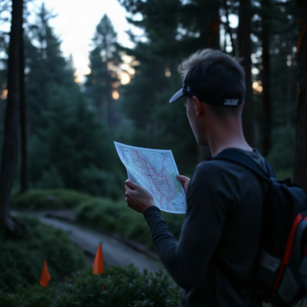 Runner studying map at forest edge