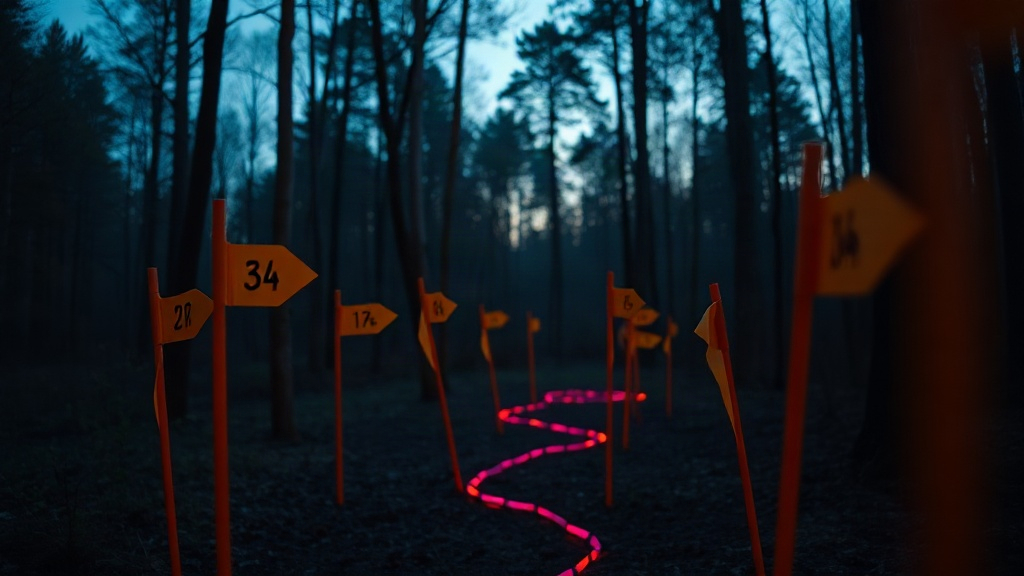 Stylized orienteering map with magenta course line and control flags
